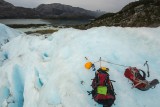 Vistas hacia el Canal de las Montañas y el lago proglaciar del Bernal, apresado por la morrena terminal del mismo.