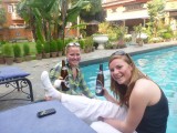 Mollie and me celebrating with Everest beers in Kathmandu, war wounds included!