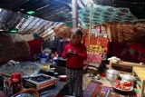 Girl inside the traditional nomads' tent made from goats' hair